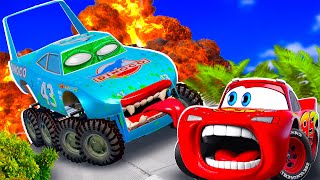 Big \& Small:McQueen and Mater VS KING Dinoko zombie and Thomas ZOMBIE slime cars in BeamNG.drive