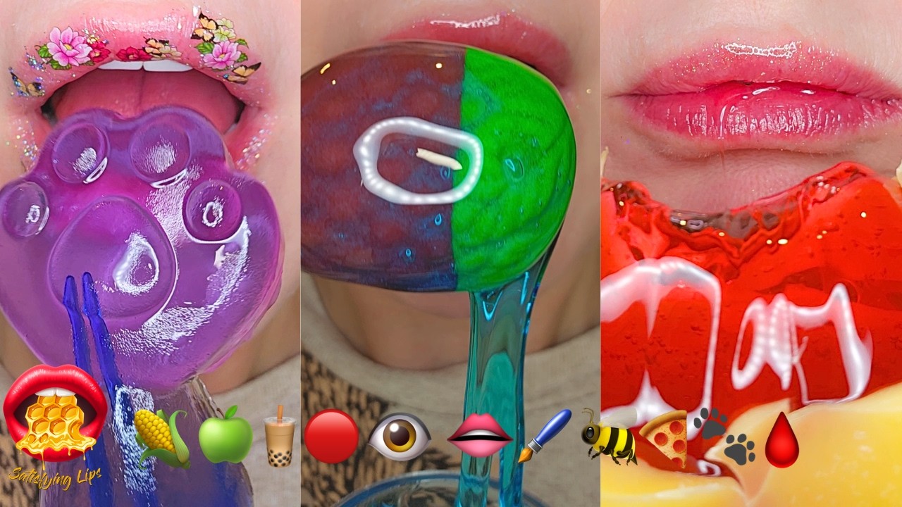 Satisfying ASMR Eating Sounds Emoji Food Challenge Jello Jelly Wax Candy