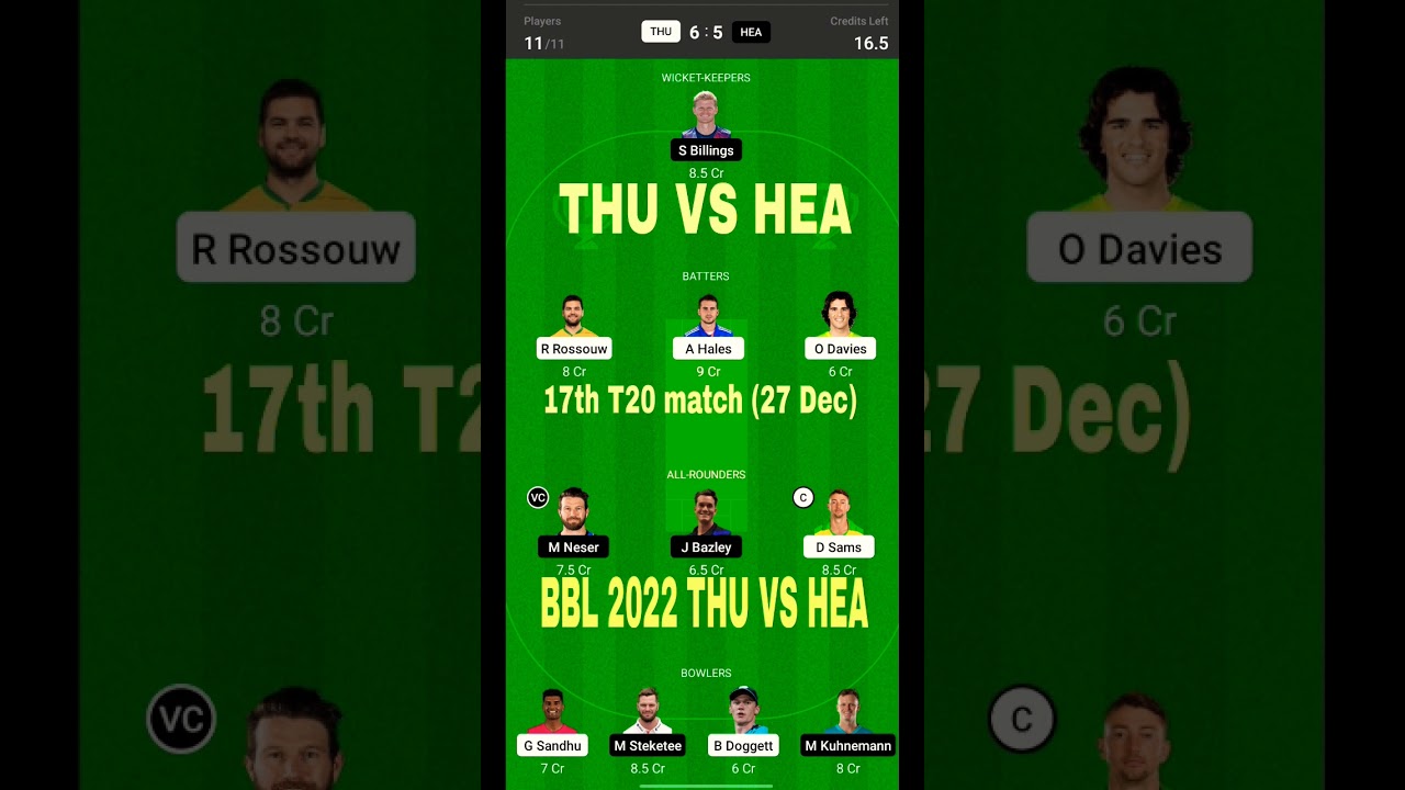 SYT vs BRH DREAM11 TEAM | thu vs hea Dream11 match prediction | Hea vs Thu Dream11 17th T20 BBL 2022