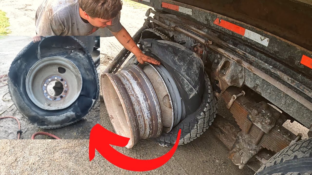 Dump truck tire blow out on the main road. Freightliner engine start