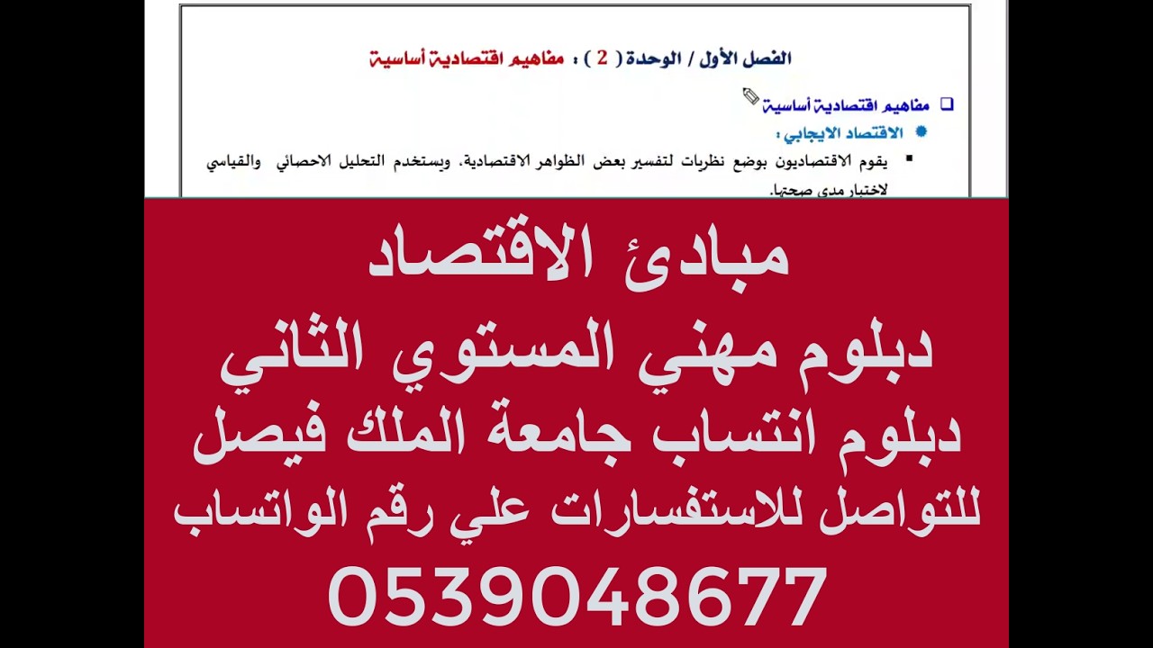 الفصل الأول الوحدة الثانية مقرر مبادئ الاقتصاد دبلوم مهني المستوي الثاني  انتساب جامعة الملك فيصل