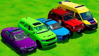 TRANSPORTING BMW, DODGE, LIZARD, VOLKSWAGEN POLICE CARS IN COLOR GARAGES! - Farming Simulator 22