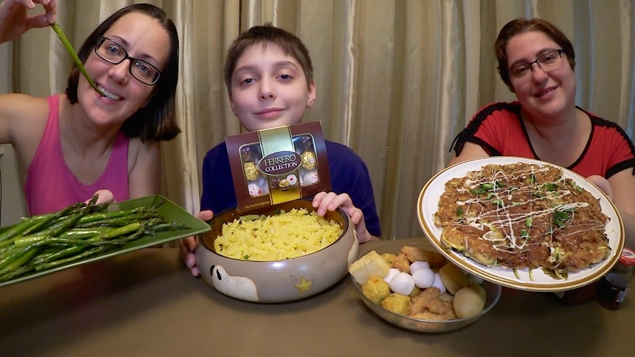 Ferrero Rocher, Asparagus, Pasta, Okonomiyaki And Fish Cakes | Gay Family Mukbang (먹방) - Eating Show