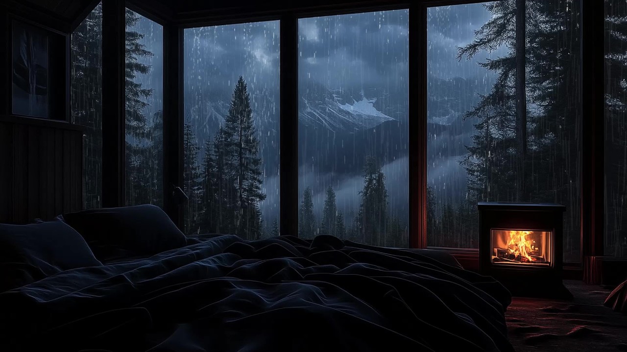 🎹🌧️ Rainy Forest Cabin Piano Ambience | Window Rain & Cozy Fireplace Night | Study Sleep Focus