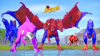 Winged Spiderman Indominus Rex vs Captain America Tyrannosaurus Rex Dinosaurs Fighting, Godzilla