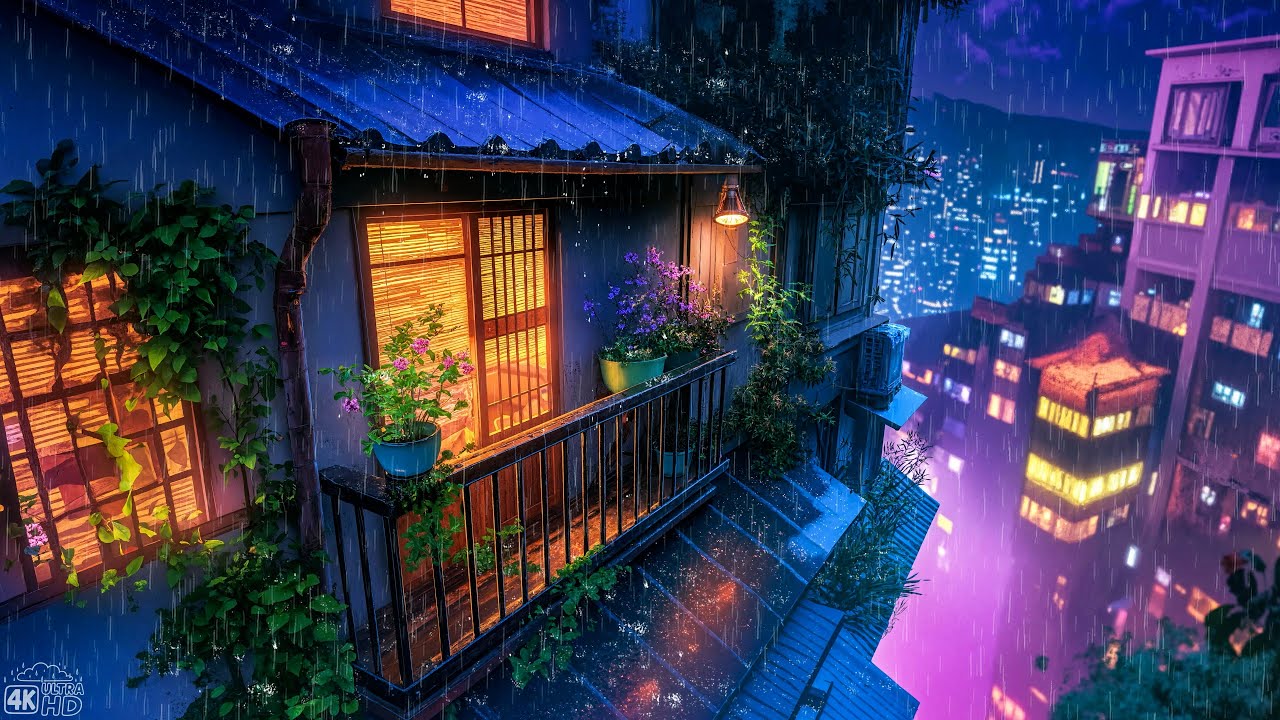 Lofi Rainy Vibes 💜 Pluviophile Lofi Songs 💜 Warm Japanese Balcony On Cold Nights With Lofi Rain