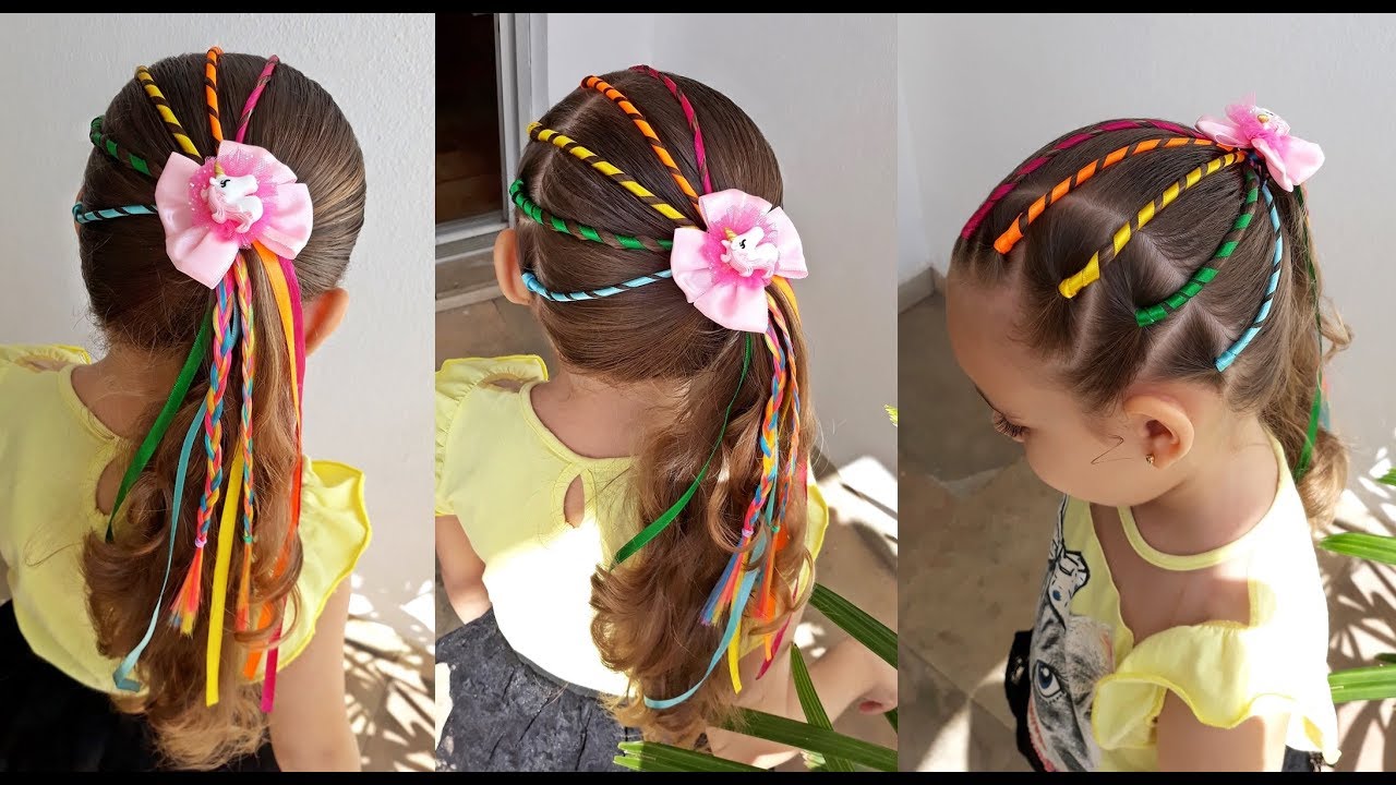 Penteado Infantil arco-íris versão com fitas para Festa Junina - thptnganamst.edu.vn