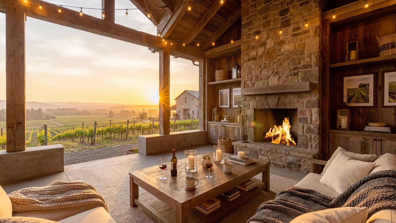 Cozy Napa Valley Vineyard Ambience 🍷 | Golden Hour California, Fireplace & Jazz (4 Hours, 4K)