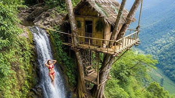 200 Days Survival Alone In Forest - The Girl lives with Her Dog and Monkey on a Tree Shelter