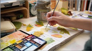 🍁Autumn art vlog🍰⎮30 minute quite & cozy art study + Watercolor painting🎨no talking no music ☕️🧶
