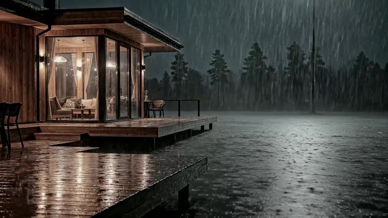 Heavy Rainstorm Falling at Wooden Cabin by Forest Lake | Sleep Rain Sounds