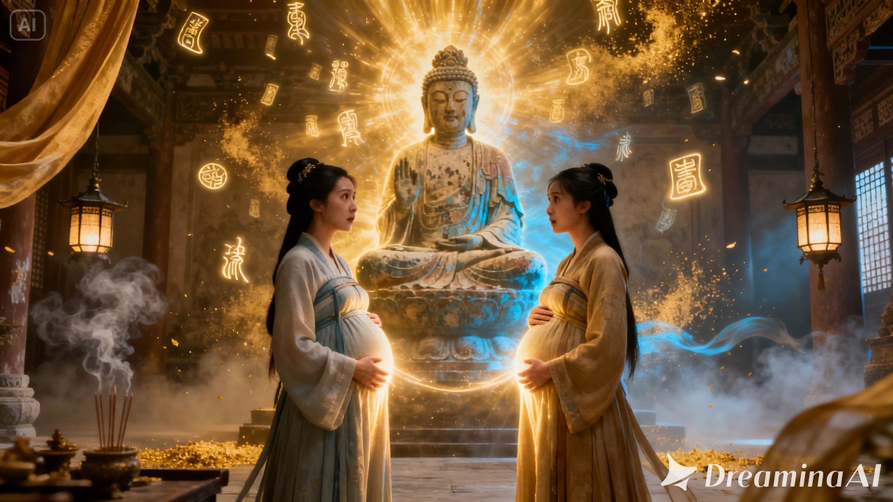 Hai người phụ nữ mang thai đang trò chuyện trước pho tượng cổ kính, ai ngờ pho tượng lại phát sáng