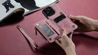 RFID Protective Phone Case Wallet with Card Holder and Wristlet Strap for iPhone 14 Series