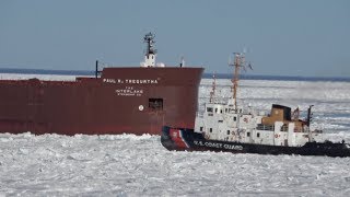 Freighters frozen on Lake Michigan, Ice Breaking and Mackinac Bridge  3/25/2019