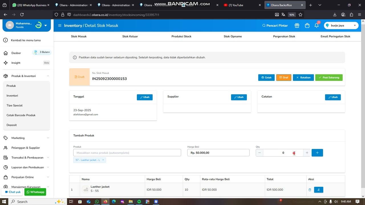 cara menambahkan stok masuk di olsera office