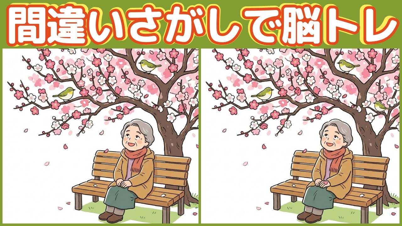 【シニア向け】梅の花さんぽの間違い探しで脳トレ｜全3問・各3つ（集中力・記憶力）