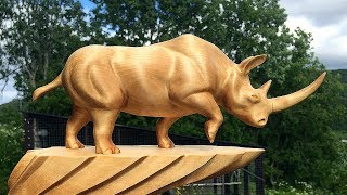 Making A Charging Rhino Wood Carving [No Music]