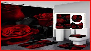 4PCS Red Rose Shower Curtain Sets with Non Slip Rugs,Toilet Lid Cover and Bath Mat Waterproof