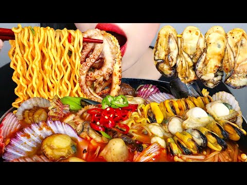 ASMR SPICY SEAFOOD NOODLES 해물라면 먹방(레시피 포함) OYSTER, OCTOPUS, SCALLOP, MUSHROOM EATING&COOKING SOUNDS