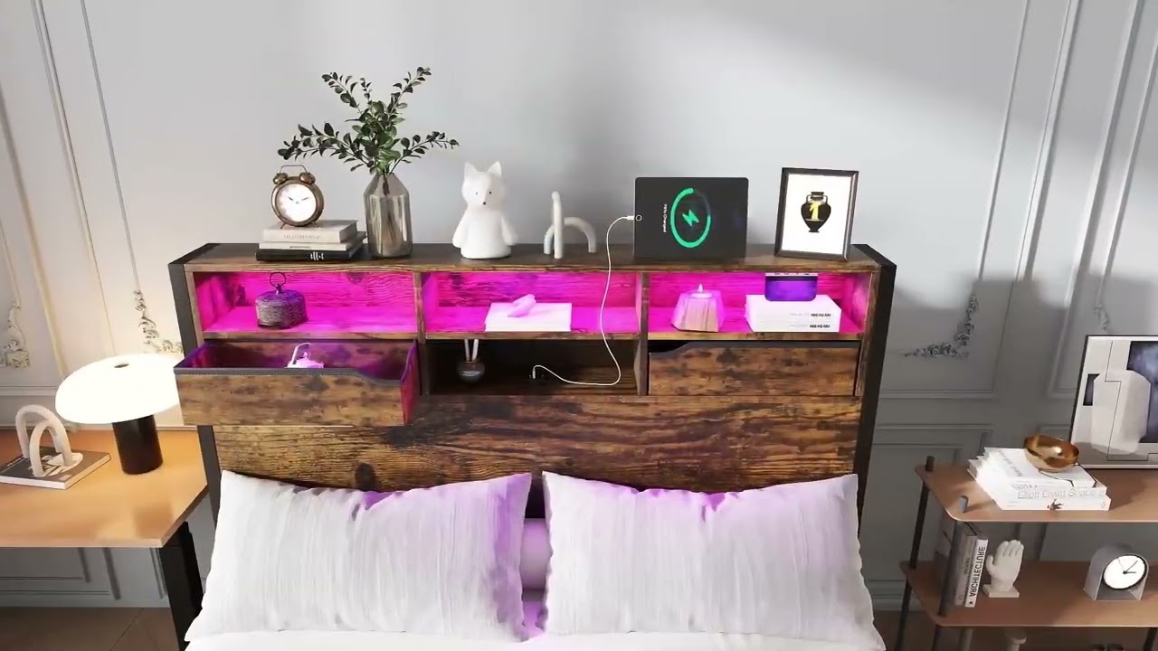 Metal Bed Frame with LED Lights, USB Charging Ports & Storage Shelf, Black Iron & Wood EffectDouble