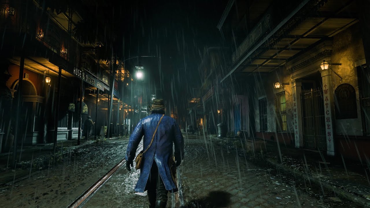 Relaxing Rainy Night Walk as Arthur Morgan in Saint Denis | Red Dead Redemption 2 Ambient Gameplay