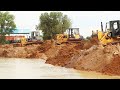 Incredible Bulldozers Operator Pushing Dirt to filling Land & Dump Truck Unloading Dirt into Water
