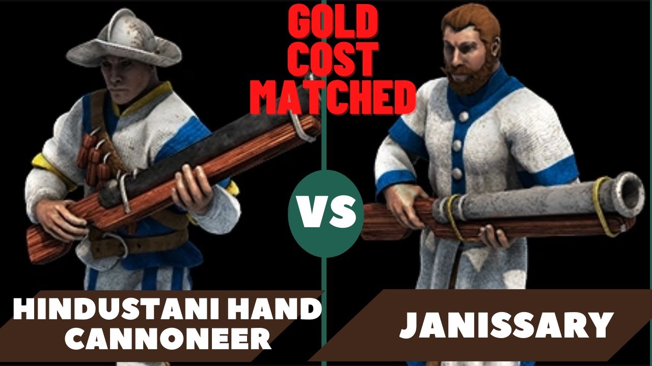 AOE2: 55 HINDUSTANI HAND CANNONEERS VS 50 ELITE JANISSARIES. SAME GOLD COST IN TOTAL.
