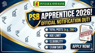 PUNJAB & SIND BANK APPRENTICE POST NOTIFICATION 2026 #bankexams #bankerslife #banking #bank