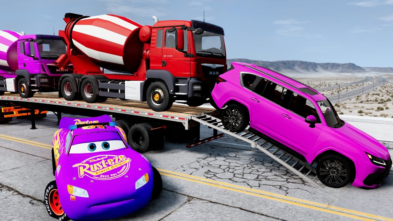 Flatbed Truck Mcqueen  Transportation with Truck   Pothole vs Car #58  BeamNG Drive
