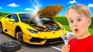 Kids Riding in Toy Cars - Fun Adventure at the Mechanic Shop