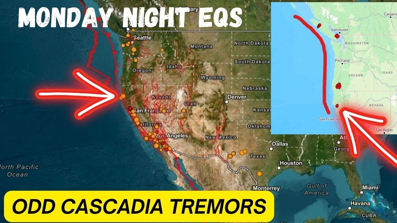 Unusual Cascadia Slow Slips in the Southern End. Solar Flare threat growing. Monday Night EQS.