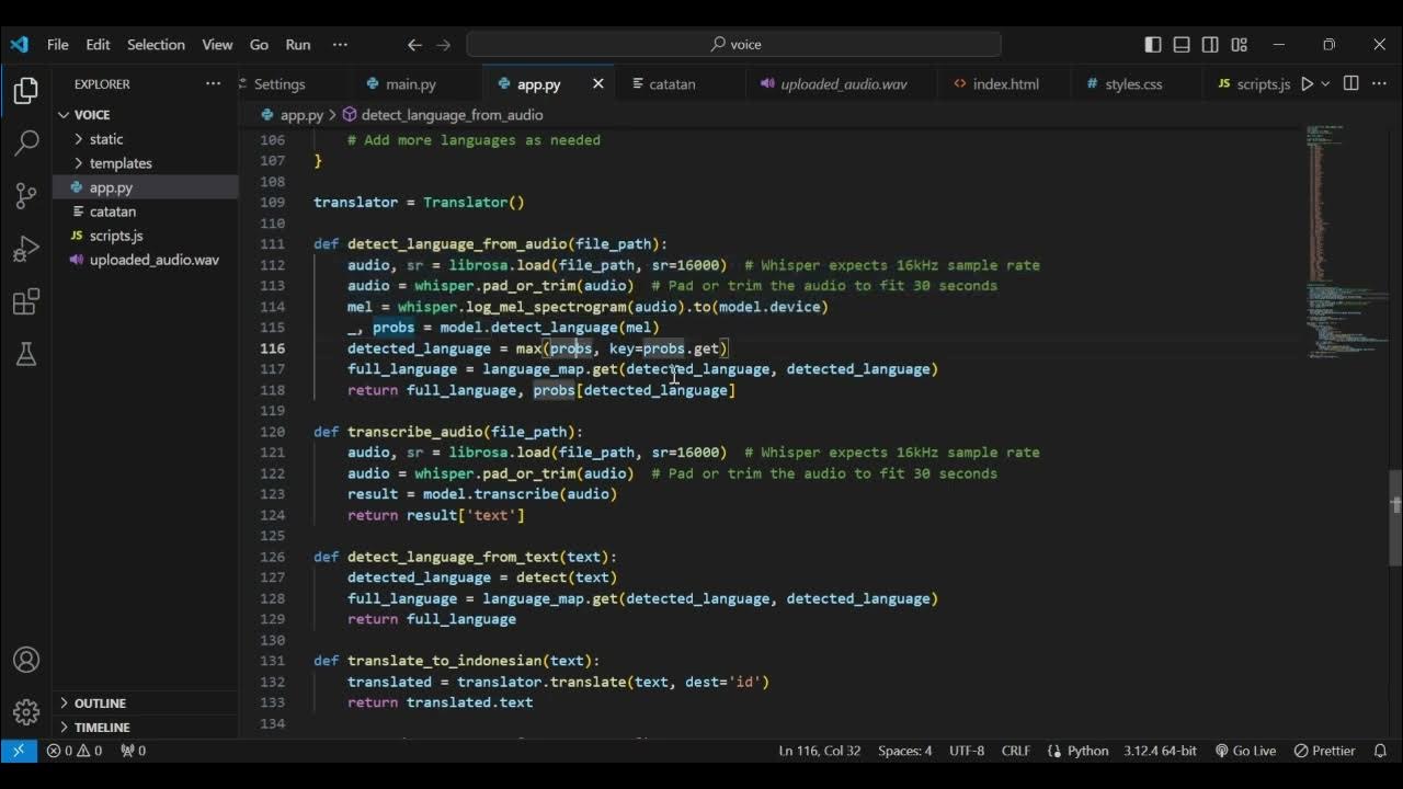Aplikasi web dengan flask dan whisper deteksi bahasa dan terjemahan