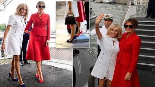 Melania dons demure red Dior skirt suit as Brigitte Trogneux opts for white LV minidress in Paris