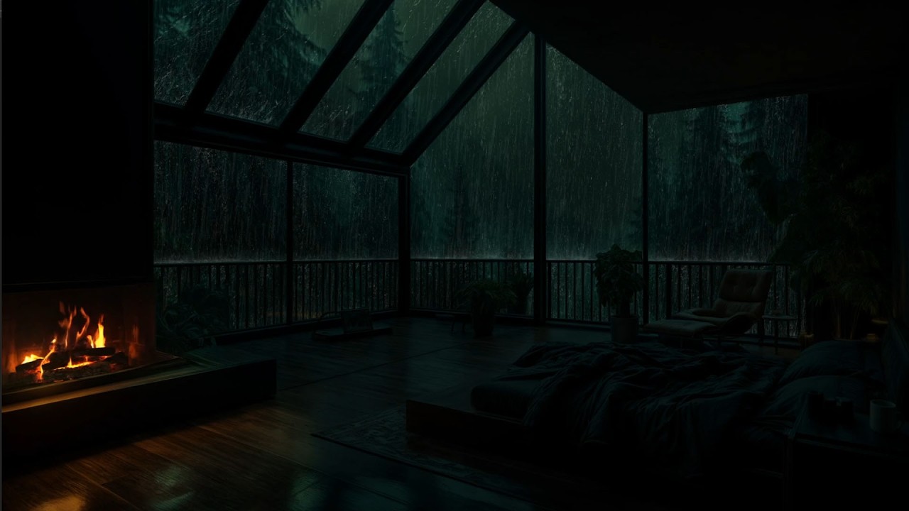 No Ads😴🔥Crackling Fireplace & Rain Sounds in Dark Bedroom for Deep Sleep, Study, Rest & Relax
