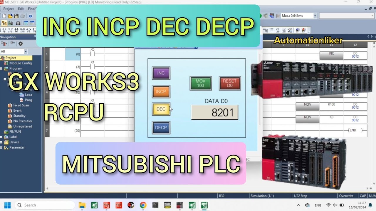 GX Works3 : INC, INCP, DEC, DECP instruction Mitsubishi PLC Tutorial With  HMI GOT2000 Simulation
