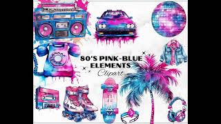 Pink Blue 80s Elements PNG, Watercolor Clipart, 80s Cassette For Scrapbook, Wall Art, T-Shirt Design