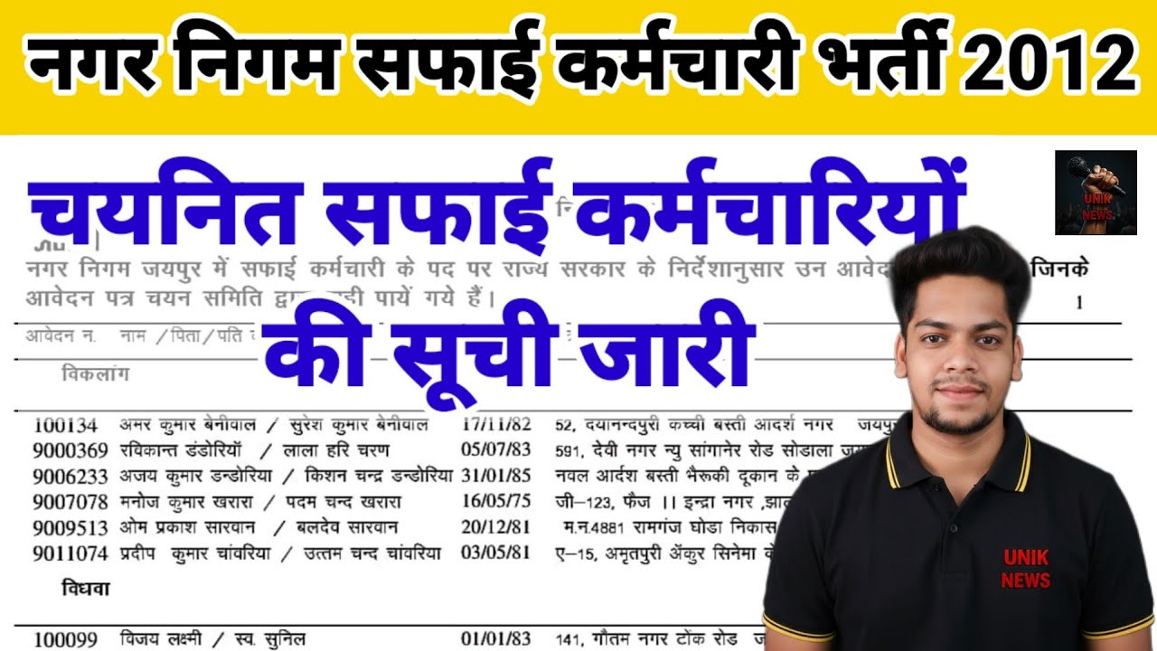सफाई कर्मचारी आवदेकों की सूची जारी।। Safai karmchari Bharti 2026 ।। Unik News 