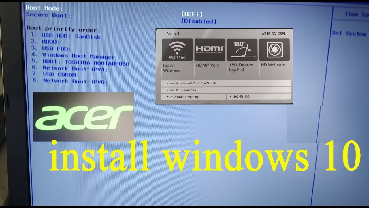 skrive et brev konkurrenter Og hold acer aspire 3 a315-33-c89l boot from usb 100% install windows 10 bios boot  key - YouTube