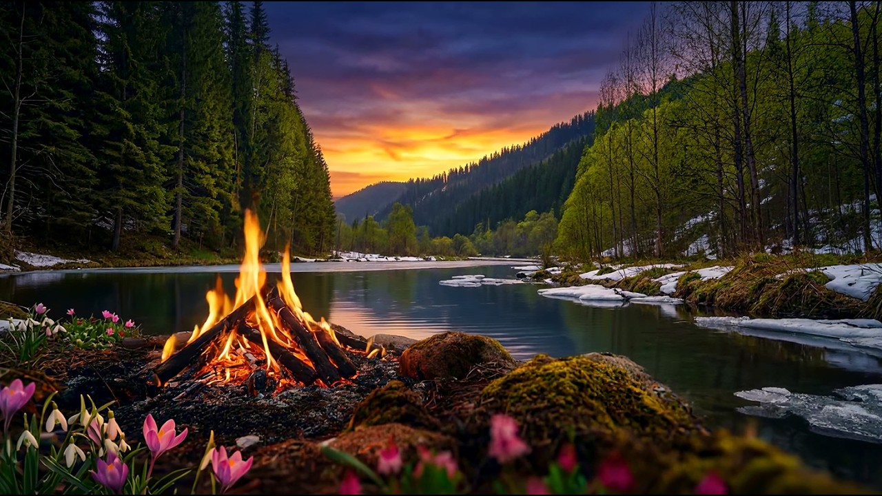 Early Spring River Campfire at Sunset 24/7🔥 Relaxing Nature Sounds for Deep Sleep & Calm Nights