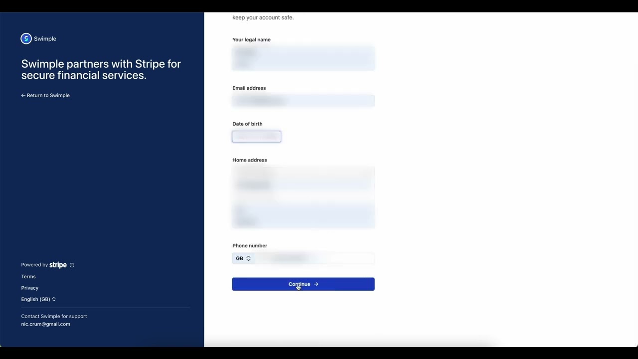 Stripe Connect Signup Process SWIMPLE