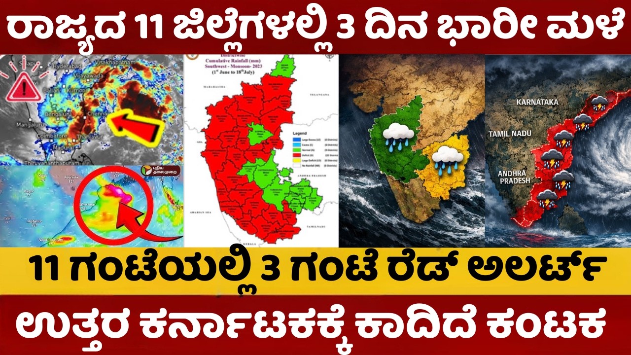 ವಾಯುಭಾರ ಕುಸಿತ | ರಾಜ್ಯದ 11 ಜಿಲ್ಲೆಗಳಲ್ಲಿ 3 ದಿನ ಭಾರೀ ಮಳೆ | ಉತ್ತರ ಕರ್ನಾಟಕದಲ್ಲಿ ಗುಡುಗು ಸಹಿತ ಮಳೆ |