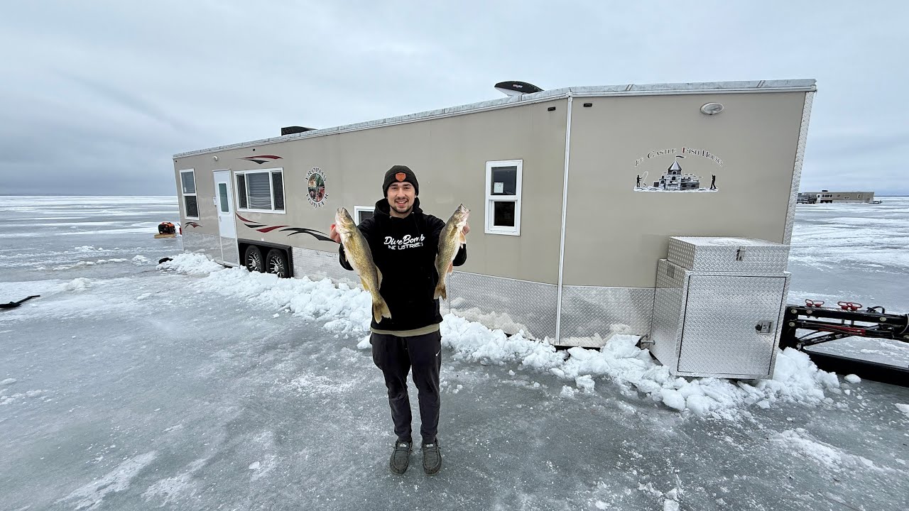 Overnight Ice Camping in a Luxury Fish House! (Catch and Cook