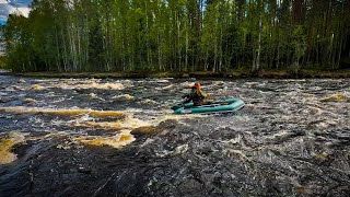 Capsized on the boat in the fast current of the water.