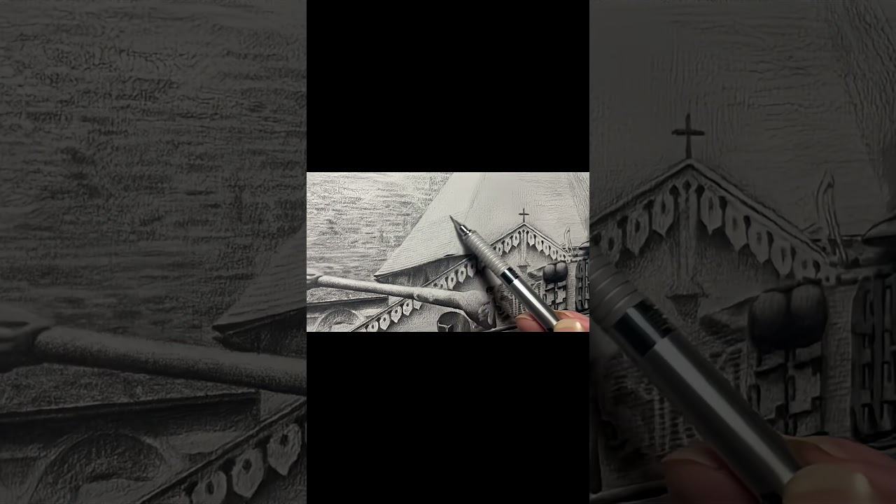 "Detailed pencil art of a tank showcasing intricate shading and realistic textures."