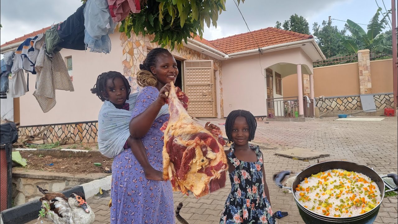 African Village life style of a mother with her two daughters going to buy food in African market