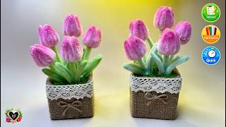 How to Make a Cute Mini Tulip Pot with Fuzzy Wire & Cardboard 🌷Easy Fuzzy Wire Crafts