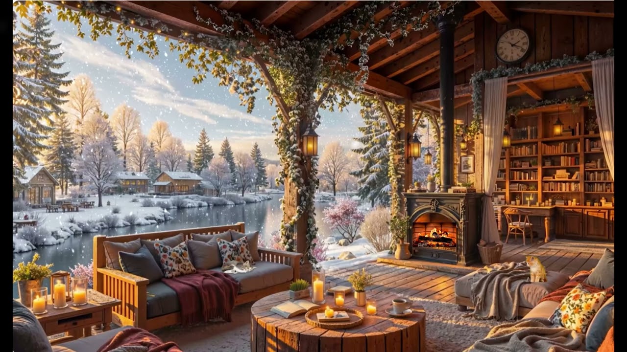 Warm Winter Cabin Ambience ❄️ Cozy Fireplace Sounds & Smooth Jazz Piano for Relaxation 🔥