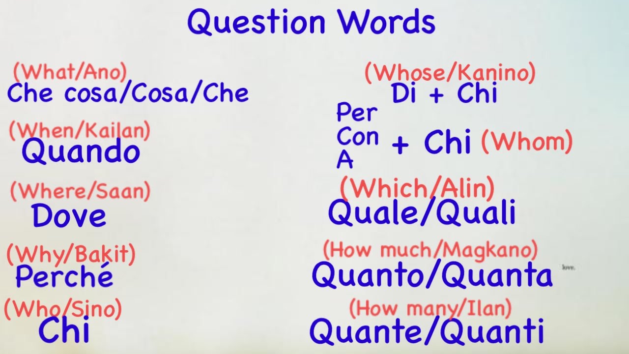 BASIC ITALIAN LANGUAGE:QUESTION WORDS (English/Filipino Translation)