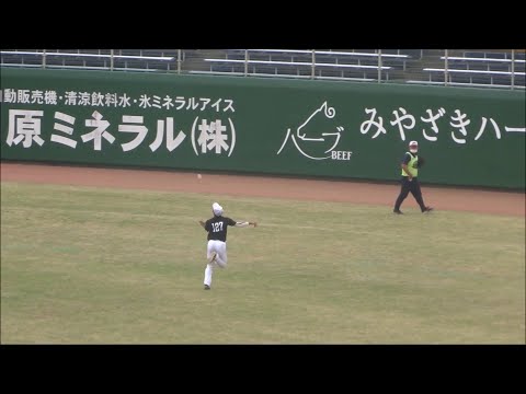 増田珠、佐藤直樹、柳町達、緒方理貢選手の外野守備練習（福岡ソフトバンクホークス）