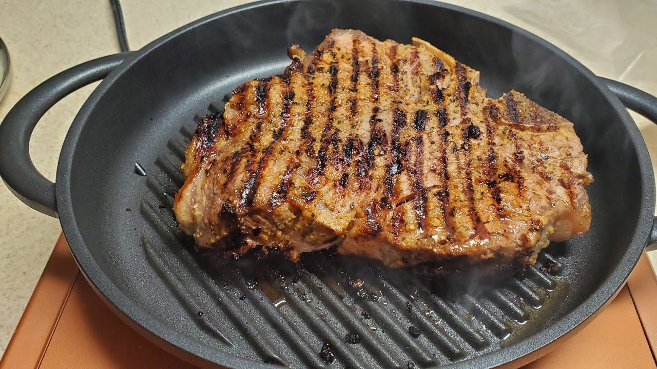 T-Bone Steak on The Whatever Pan Cast Aluminum Griddle with Glass Lid  Copper Chef Induction Burner 
